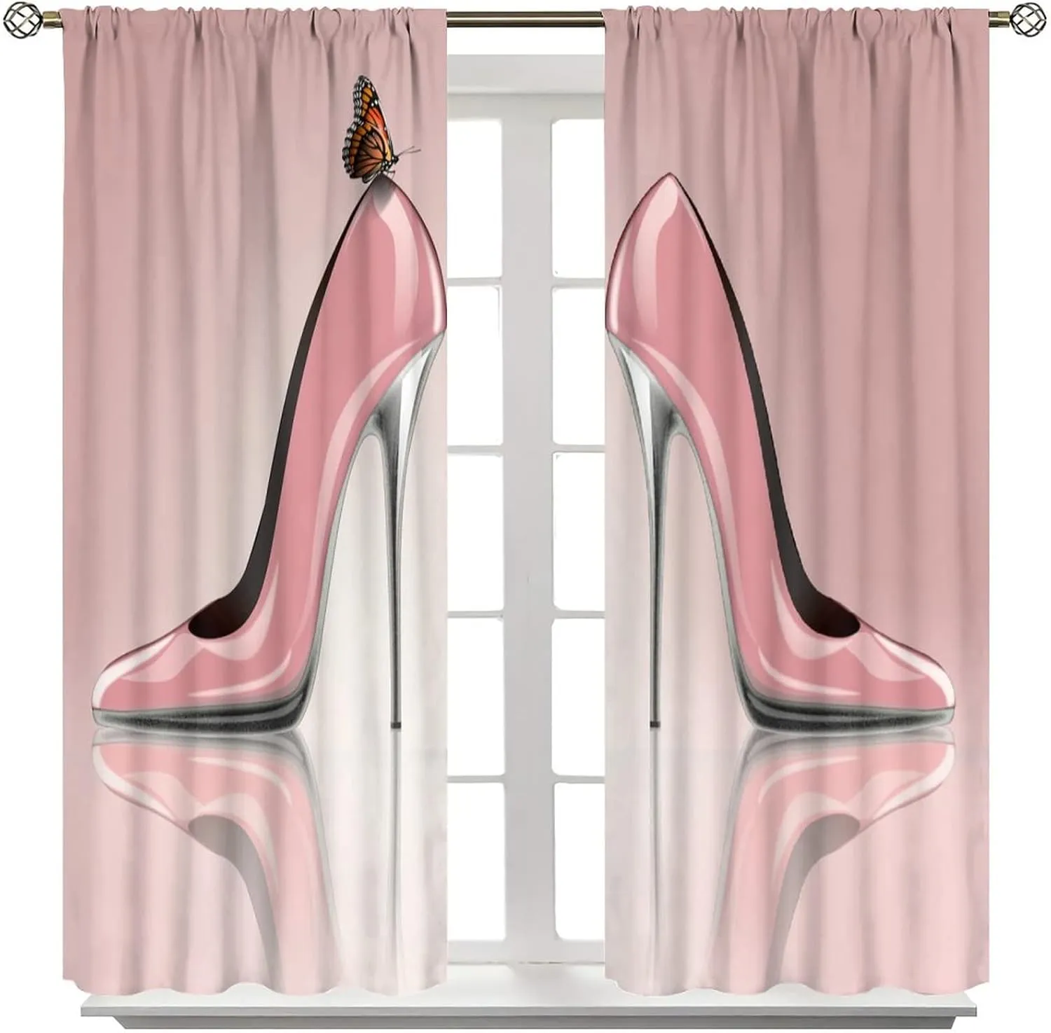 High Heel Shoes Curtains, Elegant Pink with Butterfly Fashion Sexy Girl Fantasy Beautiful Lady Decor Blackout Rod Pocket Curtains for Bedroom Living Room Window Drapes 2 Panel Set 84x84in