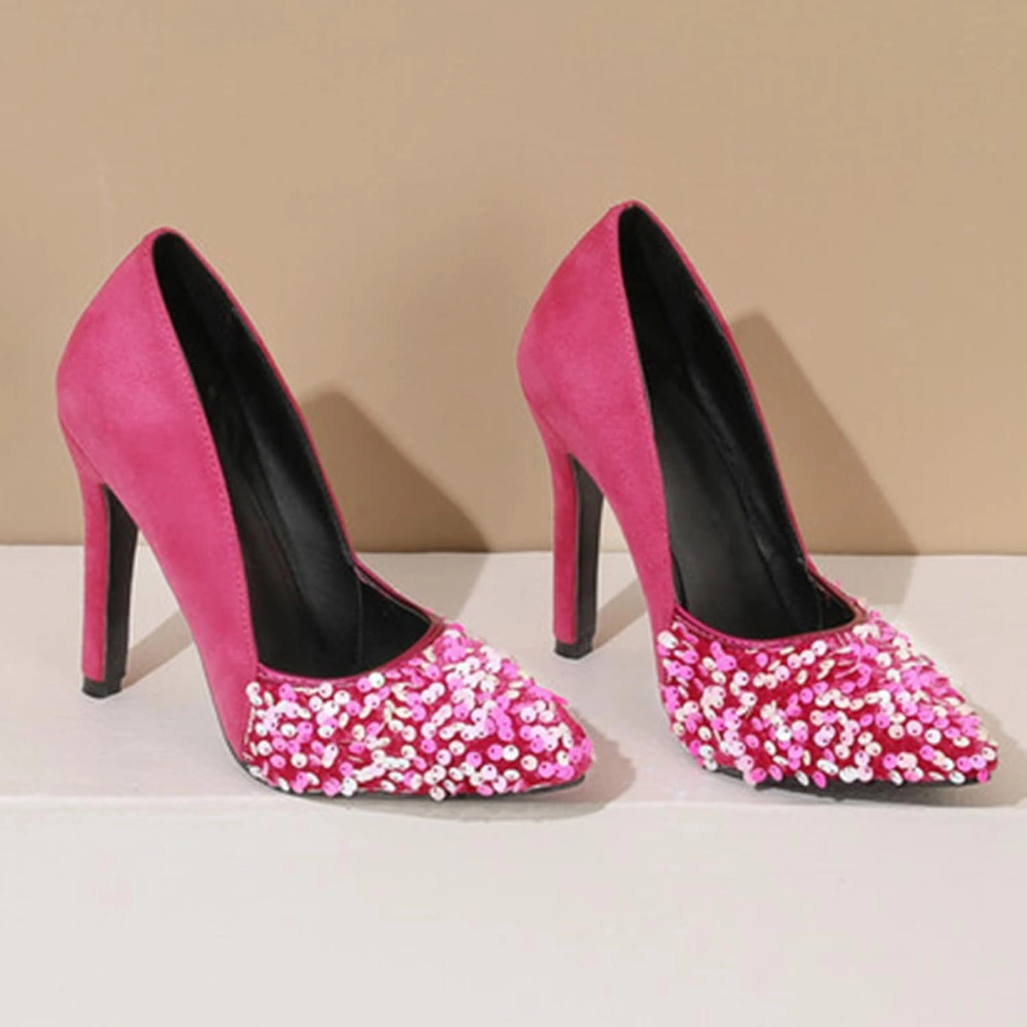 High Heel Sequin Pumps for Women Closed Pointed Toe Sexy Stilettos Slip-On Suede Velvet Dress Shoes Party Wedding Prom Club Night Evening
