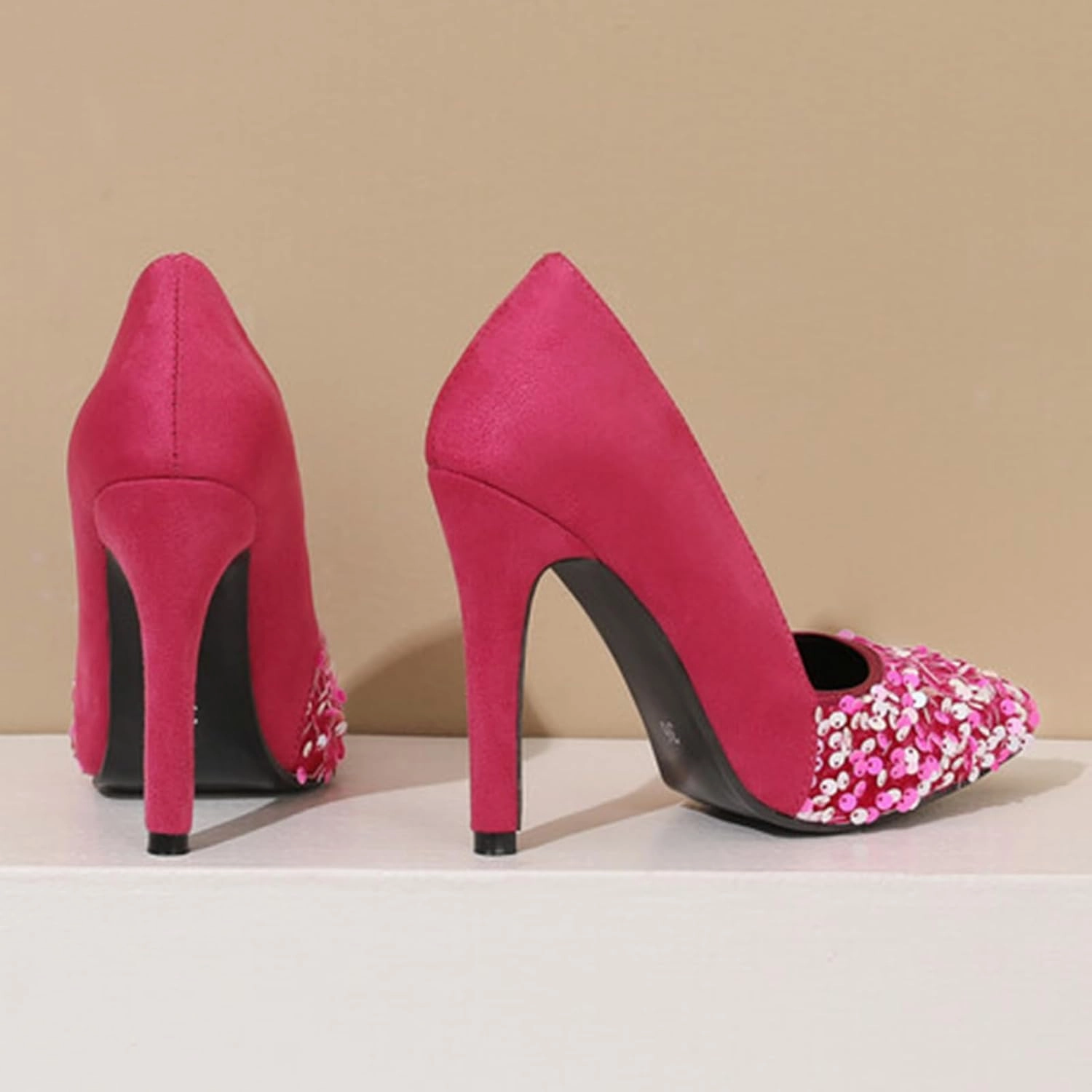 High Heel Sequin Pumps for Women Closed Pointed Toe Sexy Stilettos Slip-On Suede Velvet Dress Shoes Party Wedding Prom Club Night Evening