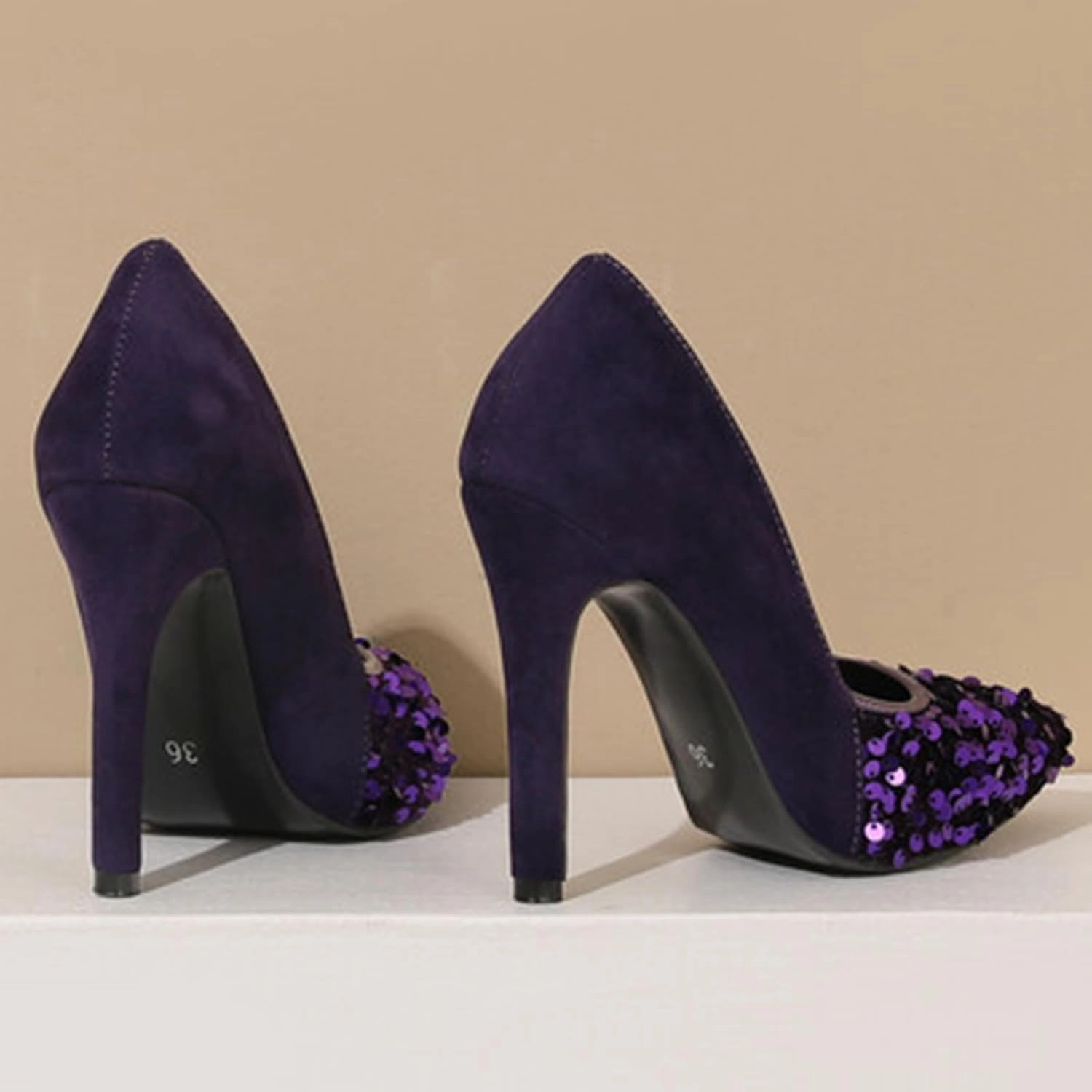 High Heel Sequin Pumps for Women Closed Pointed Toe Sexy Stilettos Slip-On Suede Velvet Dress Shoes Party Wedding Prom Club Night Evening