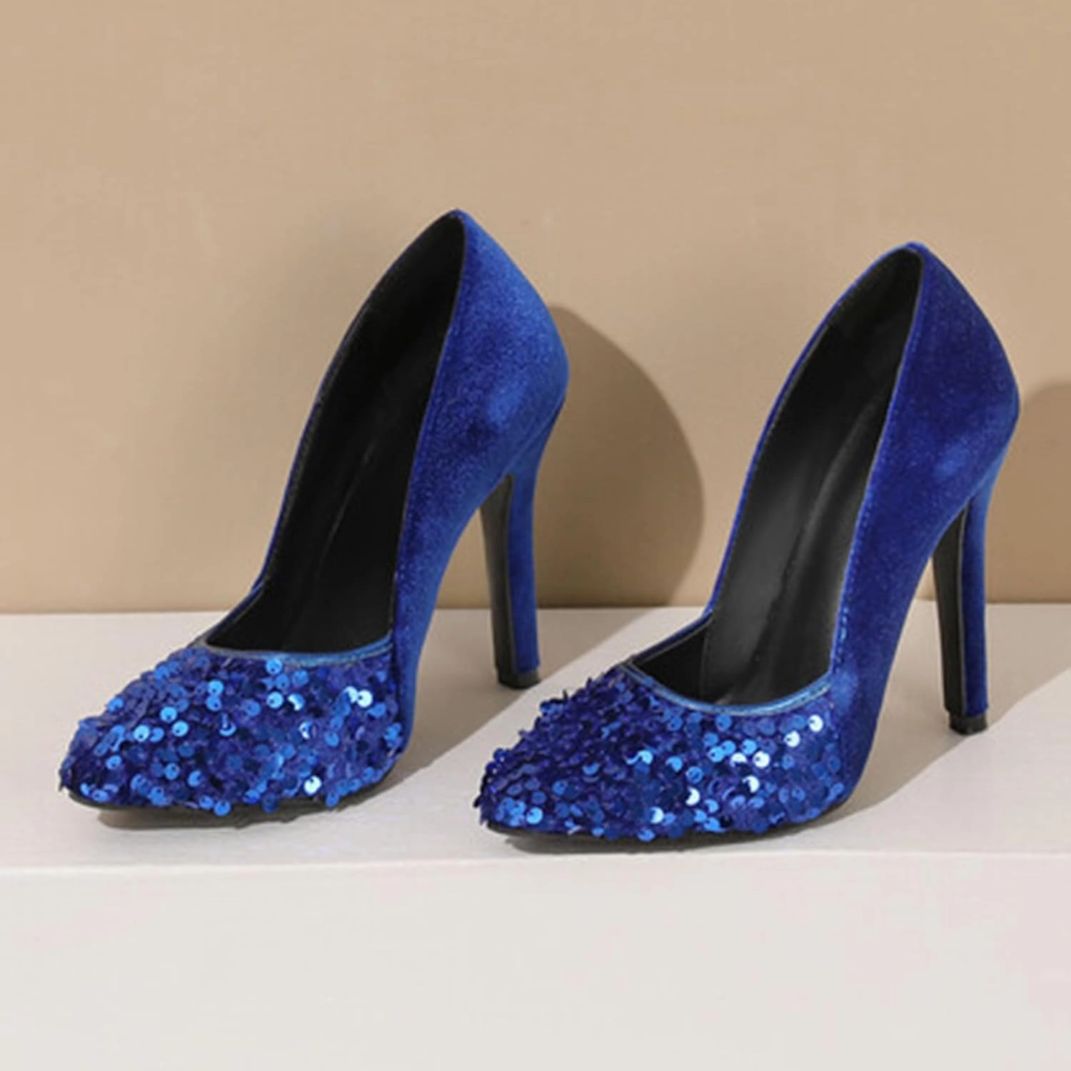 High Heel Sequin Pumps for Women Closed Pointed Toe Sexy Stilettos Slip-On Suede Velvet Dress Shoes Party Wedding Prom Club Night Evening