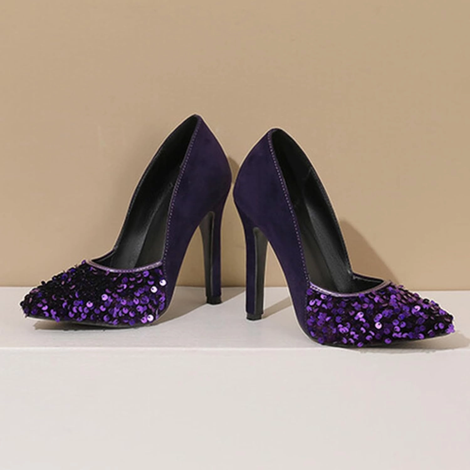 High Heel Sequin Pumps for Women Closed Pointed Toe Sexy Stilettos Slip-On Suede Velvet Dress Shoes Party Wedding Prom Club Night Evening