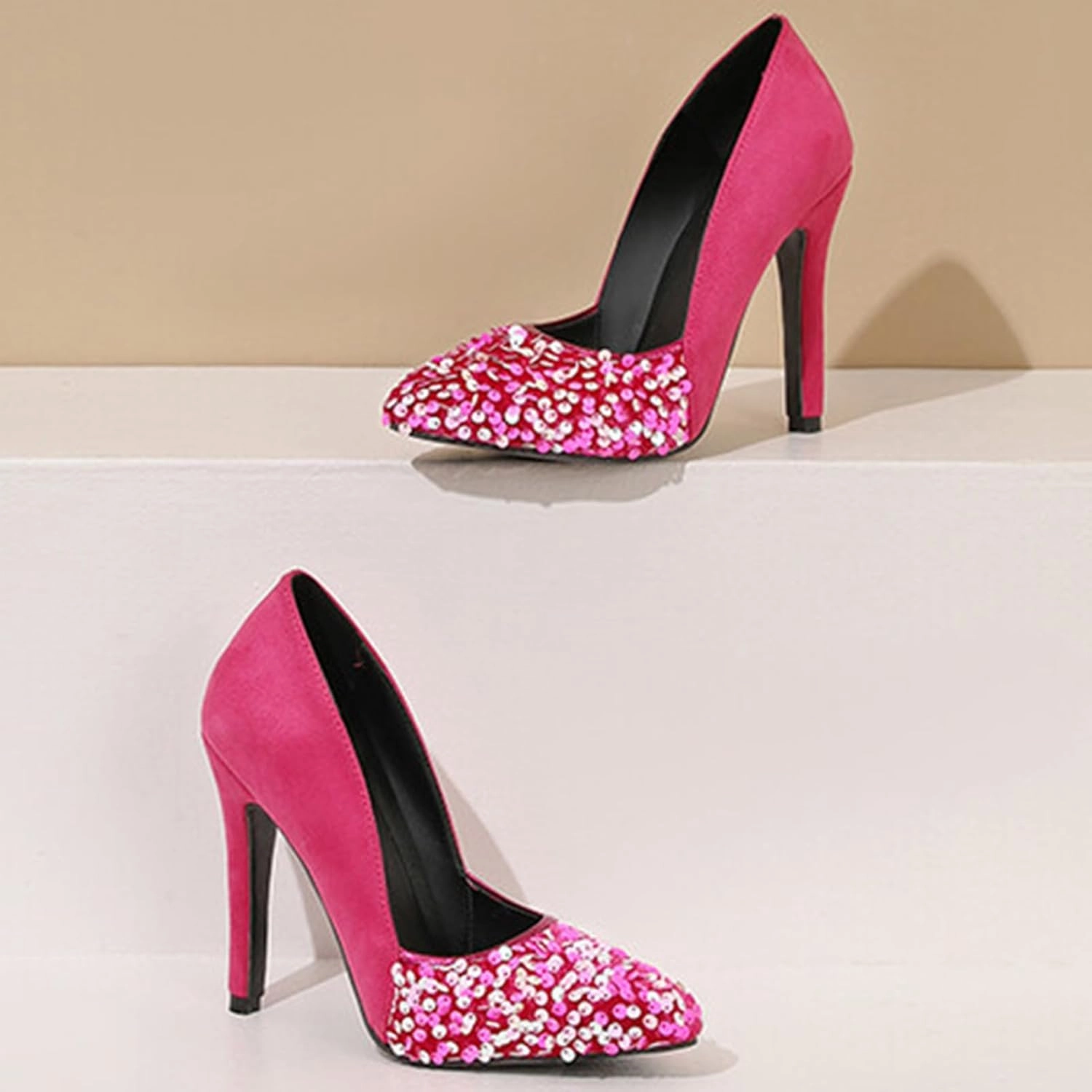 High Heel Sequin Pumps for Women Closed Pointed Toe Sexy Stilettos Slip-On Suede Velvet Dress Shoes Party Wedding Prom Club Night Evening
