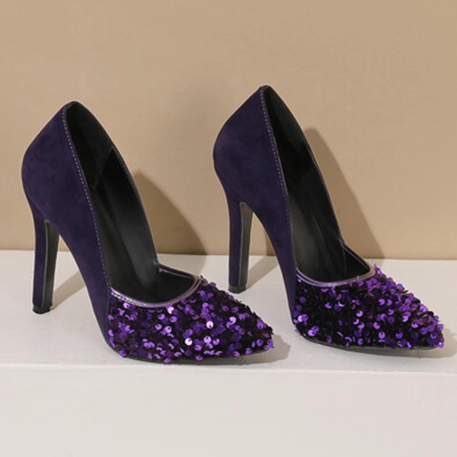 High Heel Sequin Pumps for Women Closed Pointed Toe Sexy Stilettos Slip-On Suede Velvet Dress Shoes Party Wedding Prom Club Night Evening