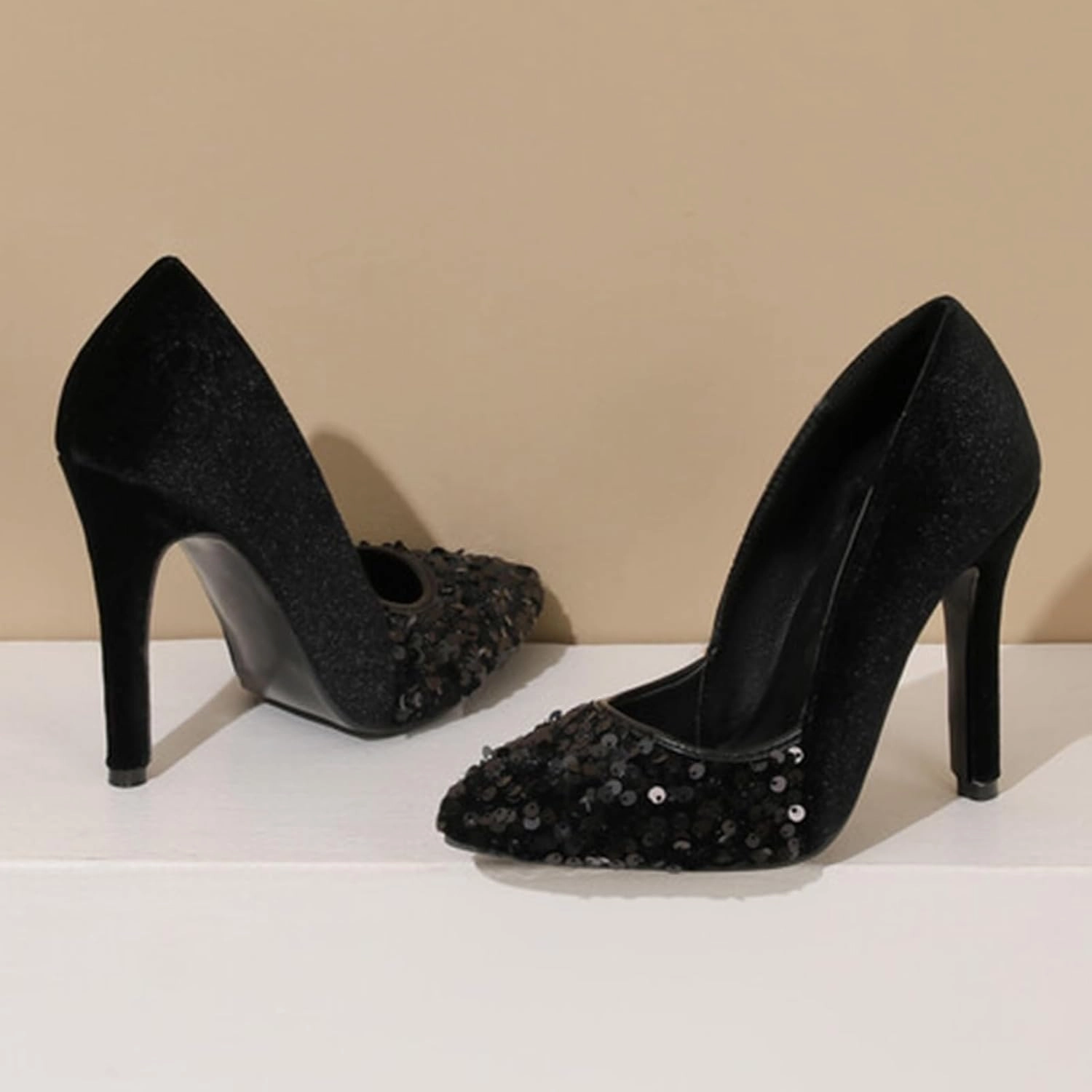 High Heel Sequin Pumps for Women Closed Pointed Toe Sexy Stilettos Slip-On Suede Velvet Dress Shoes Party Wedding Prom Club Night Evening