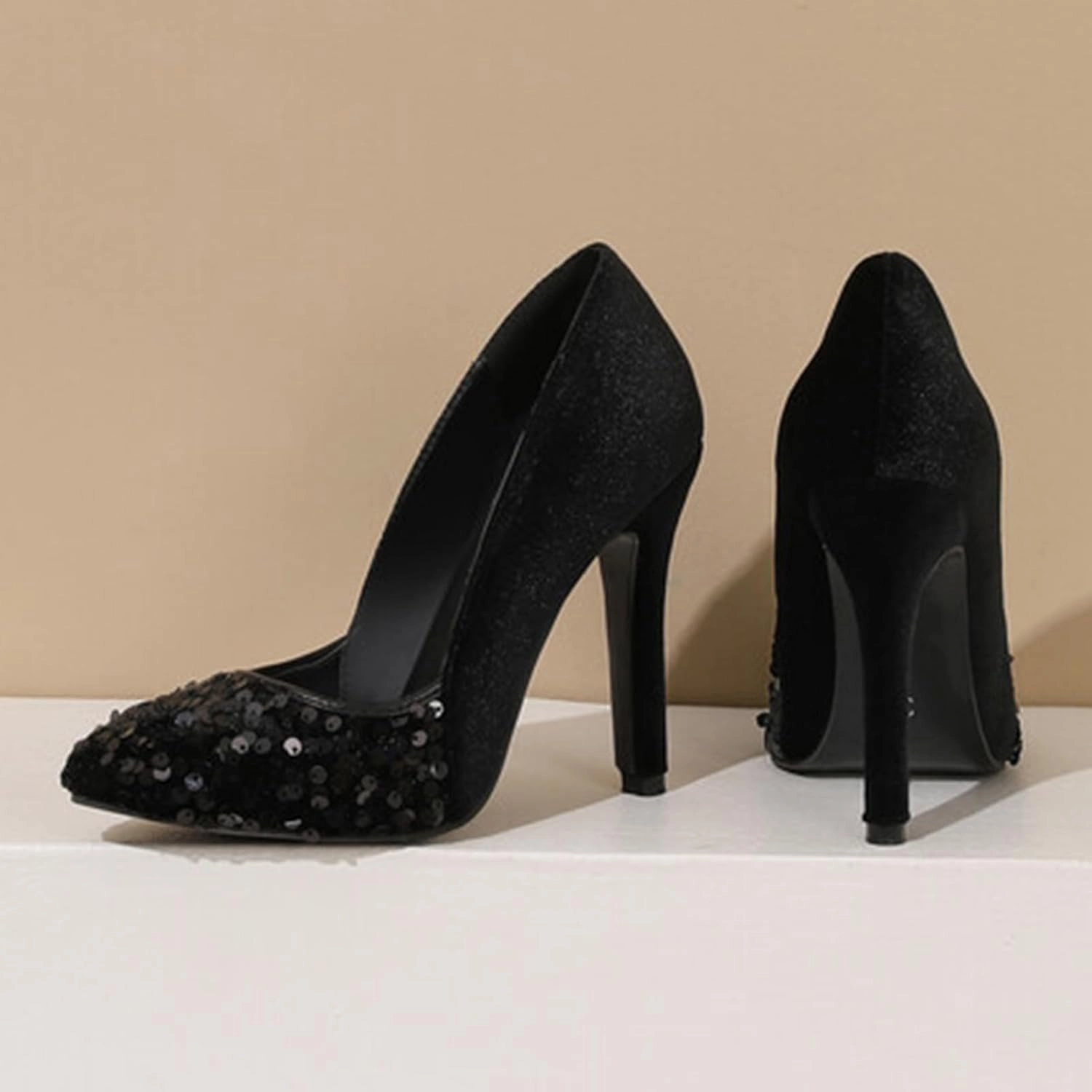 High Heel Sequin Pumps for Women Closed Pointed Toe Sexy Stilettos Slip-On Suede Velvet Dress Shoes Party Wedding Prom Club Night Evening