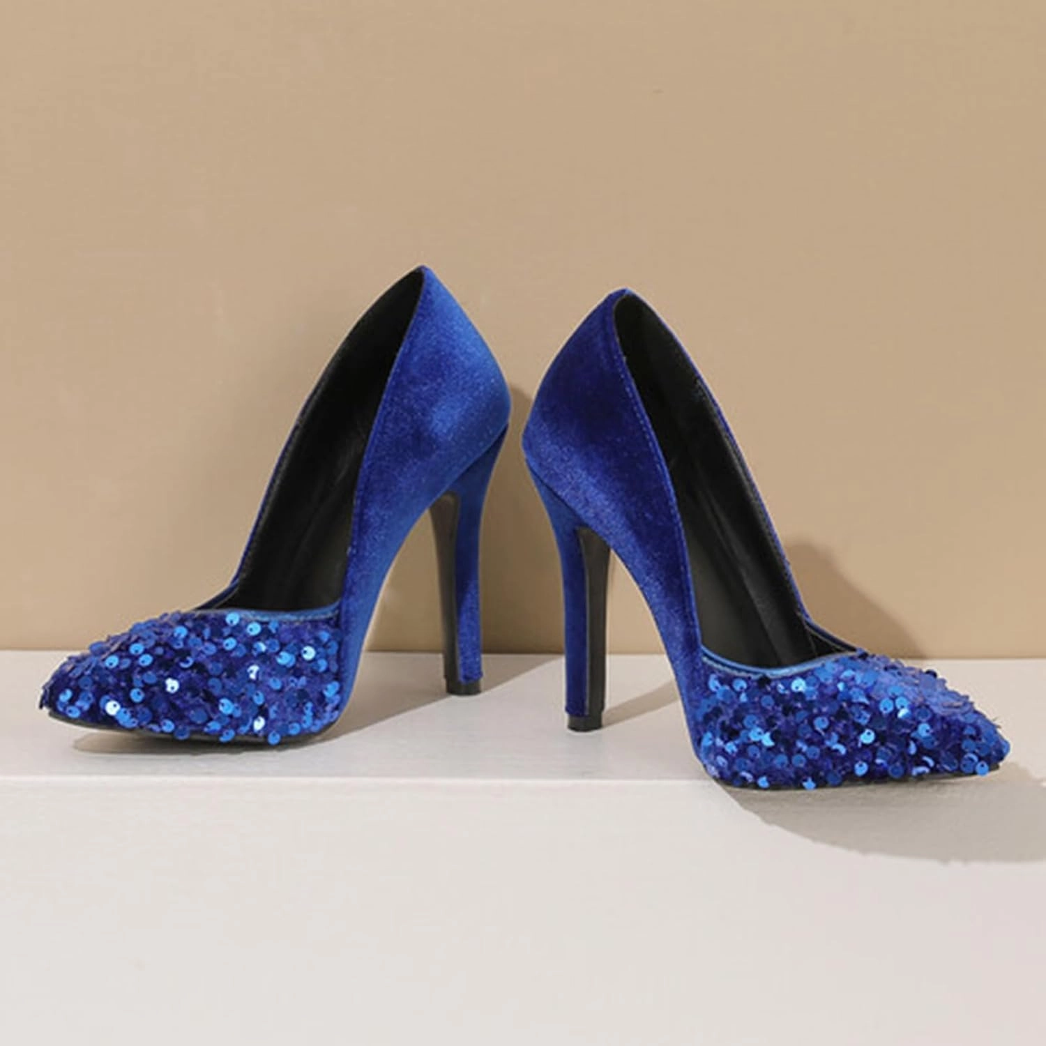 High Heel Sequin Pumps for Women Closed Pointed Toe Sexy Stilettos Slip-On Suede Velvet Dress Shoes Party Wedding Prom Club Night Evening