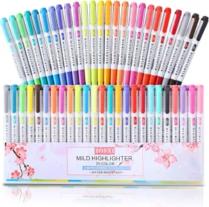 Highlighter Double Ended Mild color Highlighter Fluorescent Marker pen for Coloring, Underlining, Highlighting,Broad and Fine Tips,Assorted 25 Colors (25 Color set)