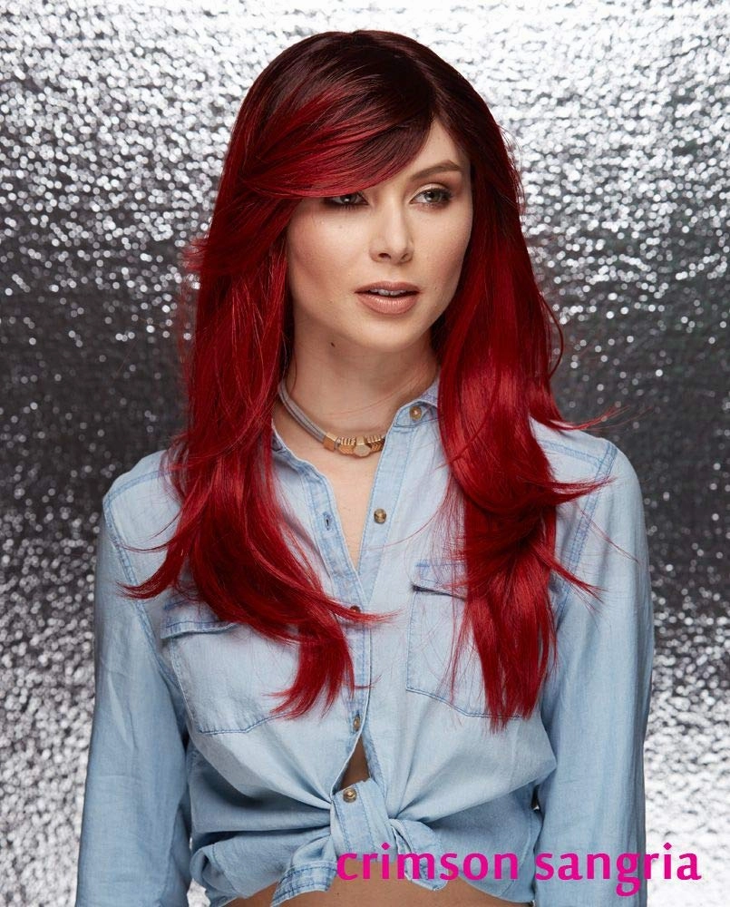 Hipster Blush Wig Color Crimson Sangria - Sepia Wigs 2 Tone Feathered Wavy Heat Friendly Synthetic Fiber Side Swept Bangs Fantasy Sexy Costume Bundle MaxWigs Hairloss Booklet