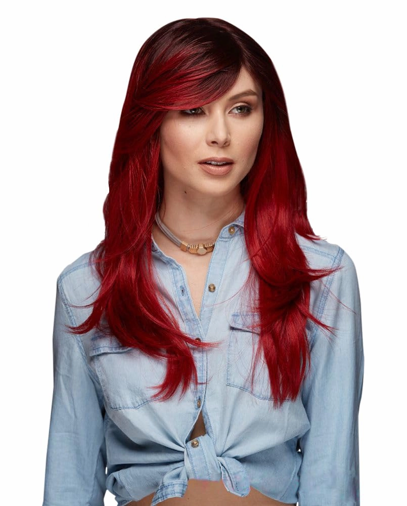 Hipster Blush Wig Color Crimson Sangria - Sepia Wigs 2 Tone Feathered Wavy Heat Friendly Synthetic Fiber Side Swept Bangs Fantasy Sexy Costume Bundle MaxWigs Hairloss Booklet