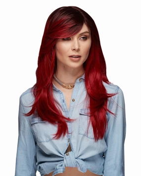 Hipster Blush Wig Color Crimson Sangria - Sepia Wigs 2 Tone Feathered Wavy Heat Friendly Synthetic Fiber Side Swept Bangs Fantasy Sexy Costume Bundle MaxWigs Hairloss Booklet