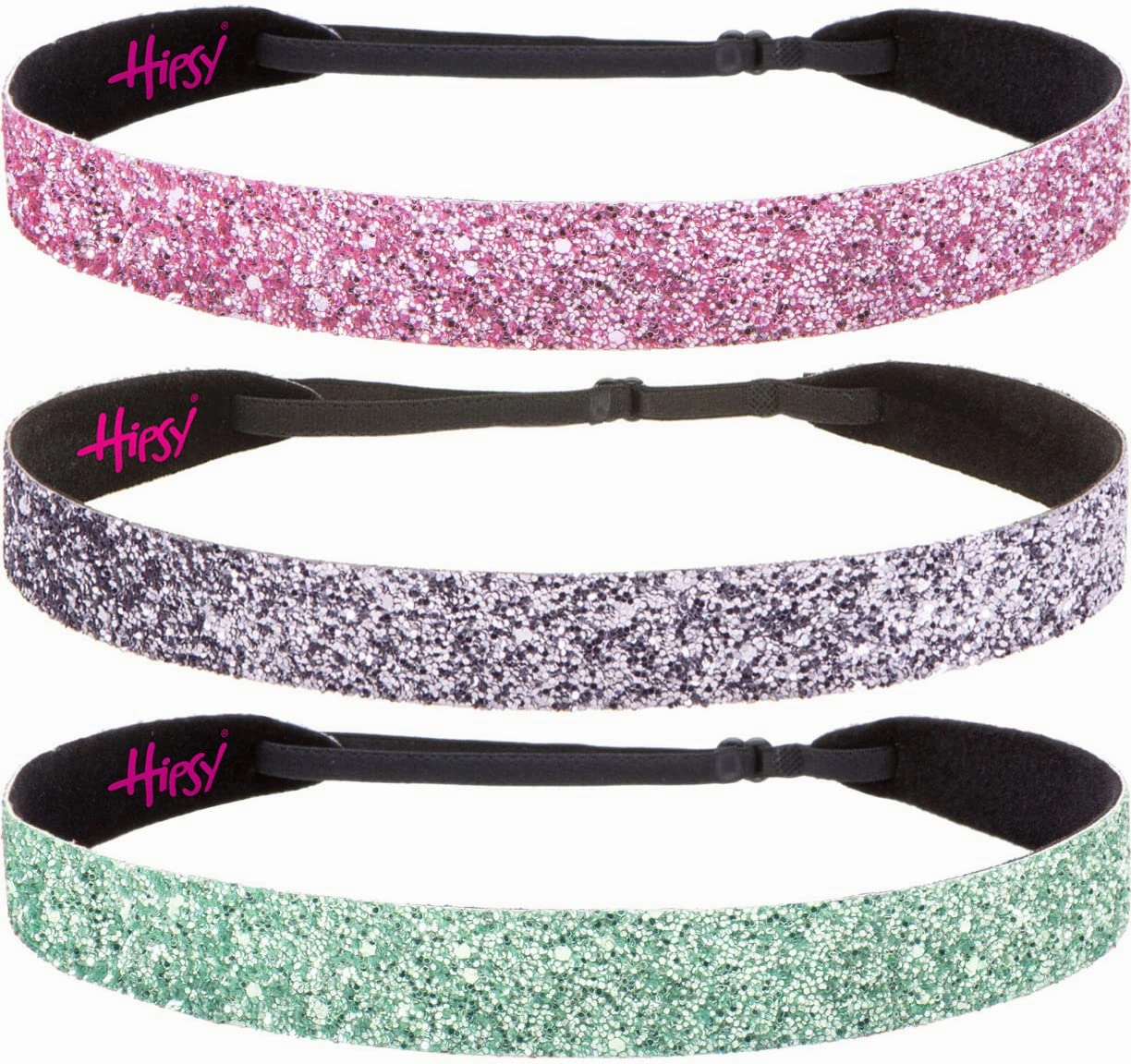 Hipsy Adjustable No Slip Wide Bling Glitter Headband 3-packs for Women Girls & Teens (Seafoam/Gunmetal/Light Pink)