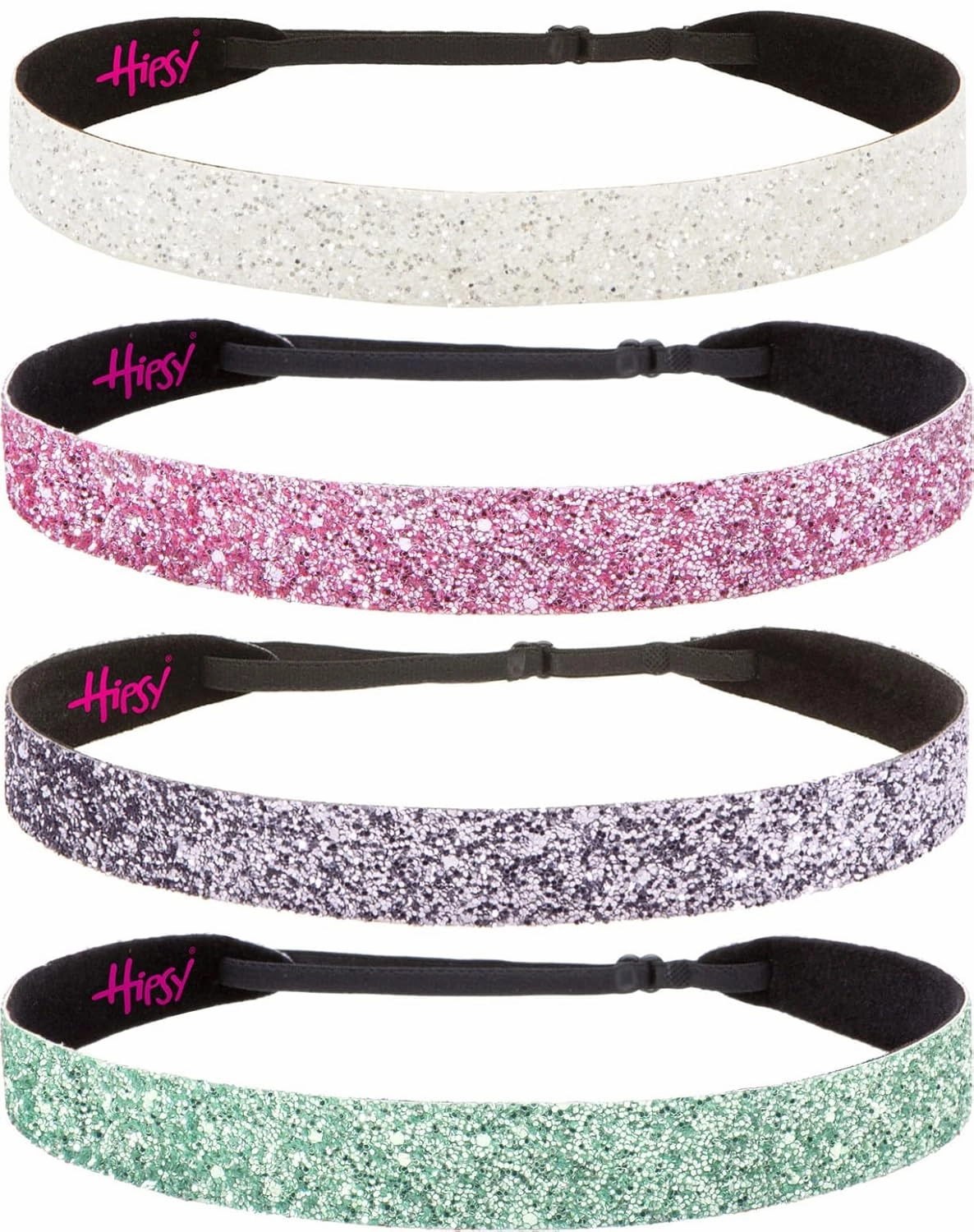 Hipsy Adjustable No Slip Wide Bling Glitter Headband 4-packs for Women Girls & Teens (Seafoam/Gunmetal/Light Pink/White)