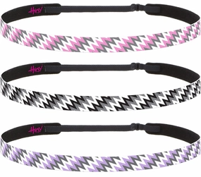 Hipsy Adjustable Non Slip Skinny Fashion Printed Sports Headbands 3-pack (Zigzag Purple/Black/Pink)