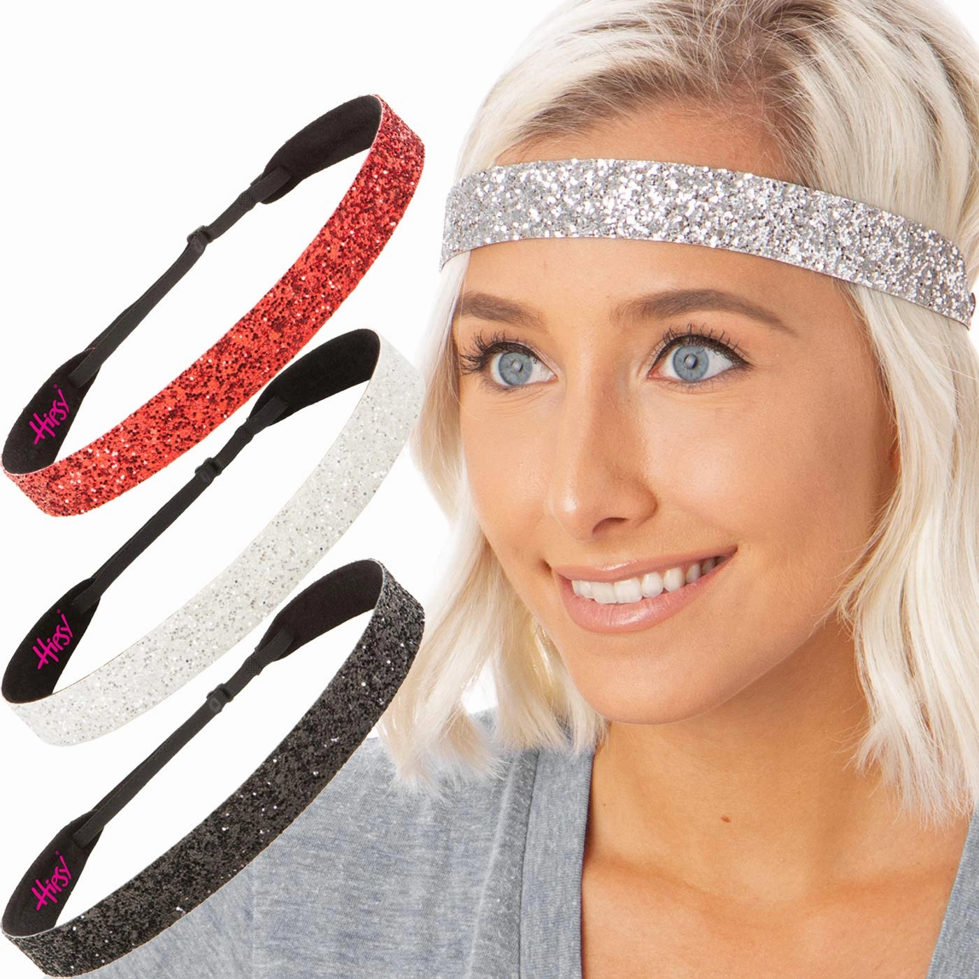 Hipsy Adjustable Non Slip Wide Bling Glitter Headbands for Women Girls & Teens 4-Pack (Black/Silver/Red/White 4pk)