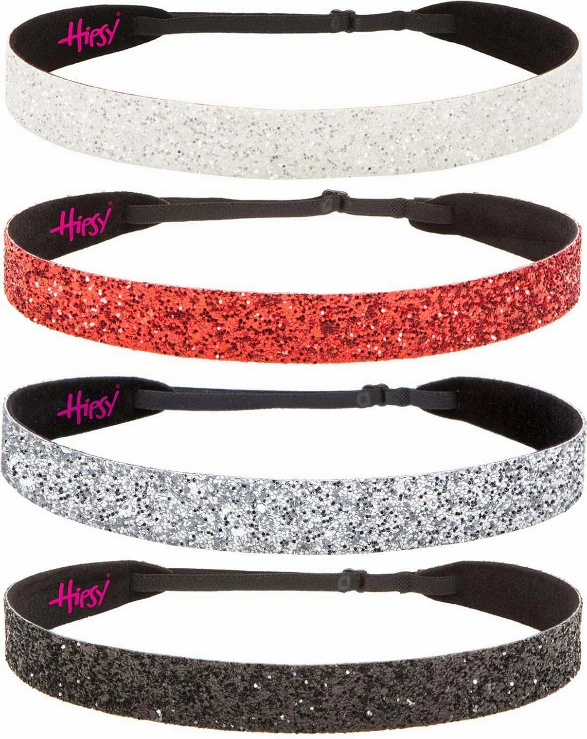 Hipsy Adjustable Non Slip Wide Bling Glitter Headbands for Women Girls & Teens 4-Pack (Black/Silver/Red/White 4pk)