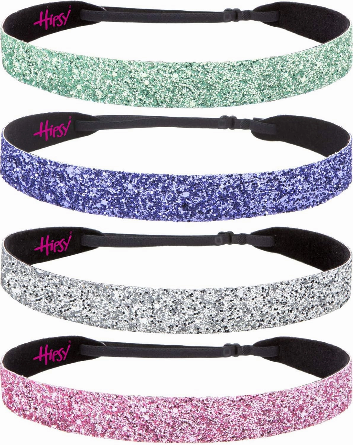Hipsy Adjustable Non Slip Wide Bling Glitter Headbands for Women Girls & Teens 4-Pack (Light Pink/Silver/Purple/Seafoam 4pk)