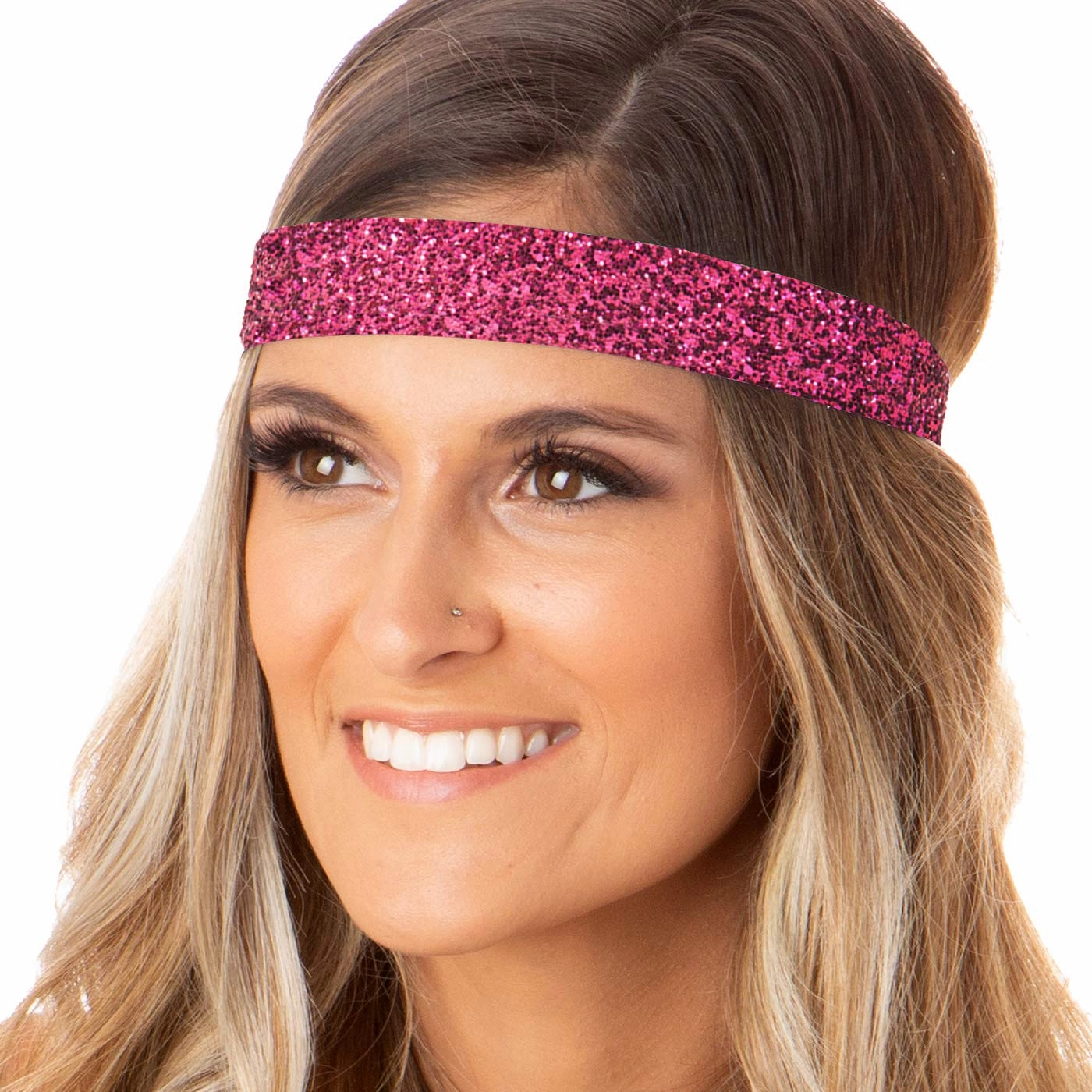 Hipsy Adjustable Non Slip Wide Bling Glitter Headbands for Women Girls & Teens 4-Pack (Teal/Hot Pink/Silver/Purple 4pk)