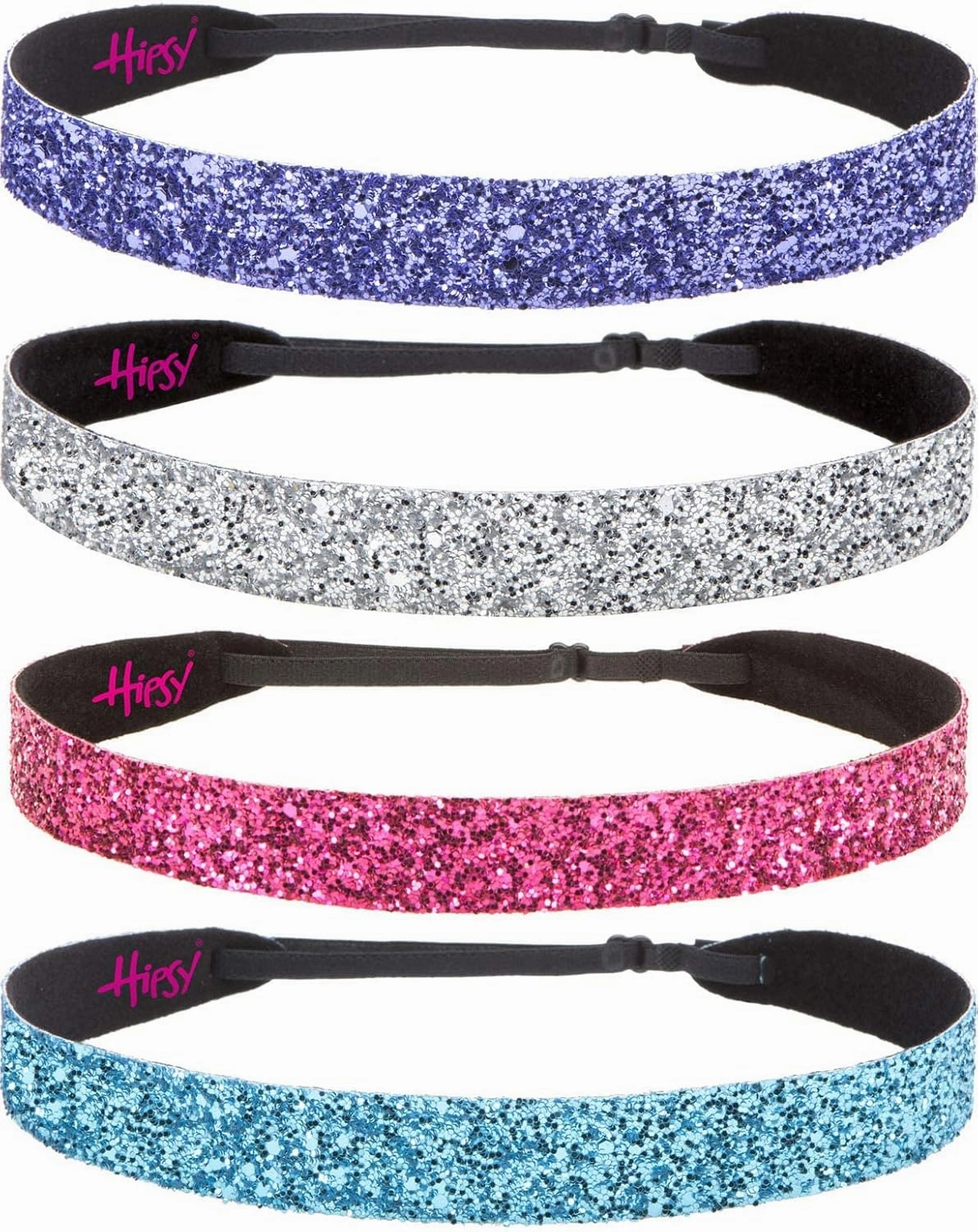 Hipsy Adjustable Non Slip Wide Bling Glitter Headbands for Women Girls & Teens 4-Pack (Teal/Hot Pink/Silver/Purple 4pk)