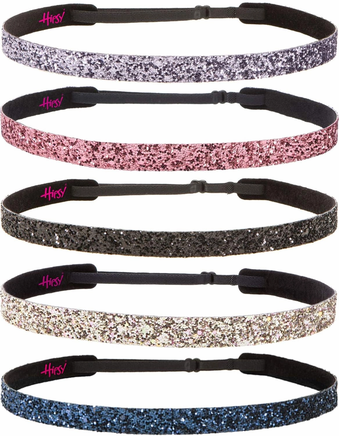 Hipsy PLUS Size, Adjustable No Slip Sparkly Bling Glitter Skinny 5pk Headbands for Women Girls & Teens (Skinny Navy/Rose Gold/Black/Pink Rose/Gunmetal)
