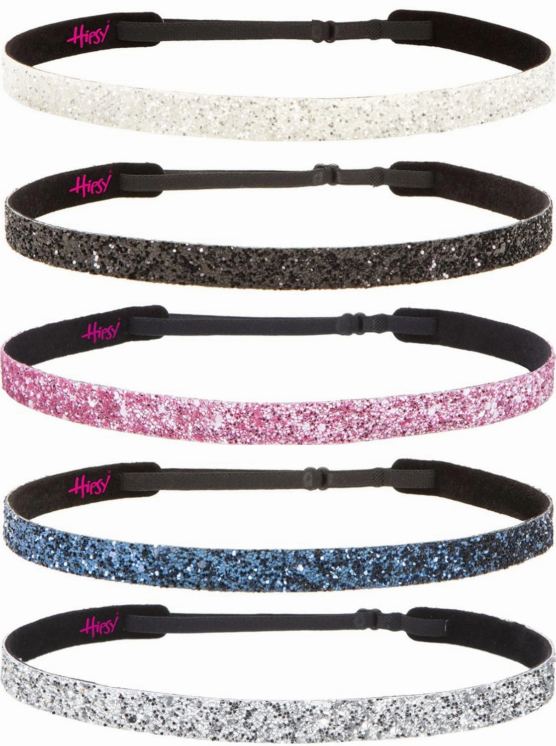 Hipsy PLUS Size, Adjustable No Slip Sparkly Bling Glitter Skinny 5pk Headbands for Women Girls & Teens (Skinny Navy/White/Light Pink/Black/Silver)