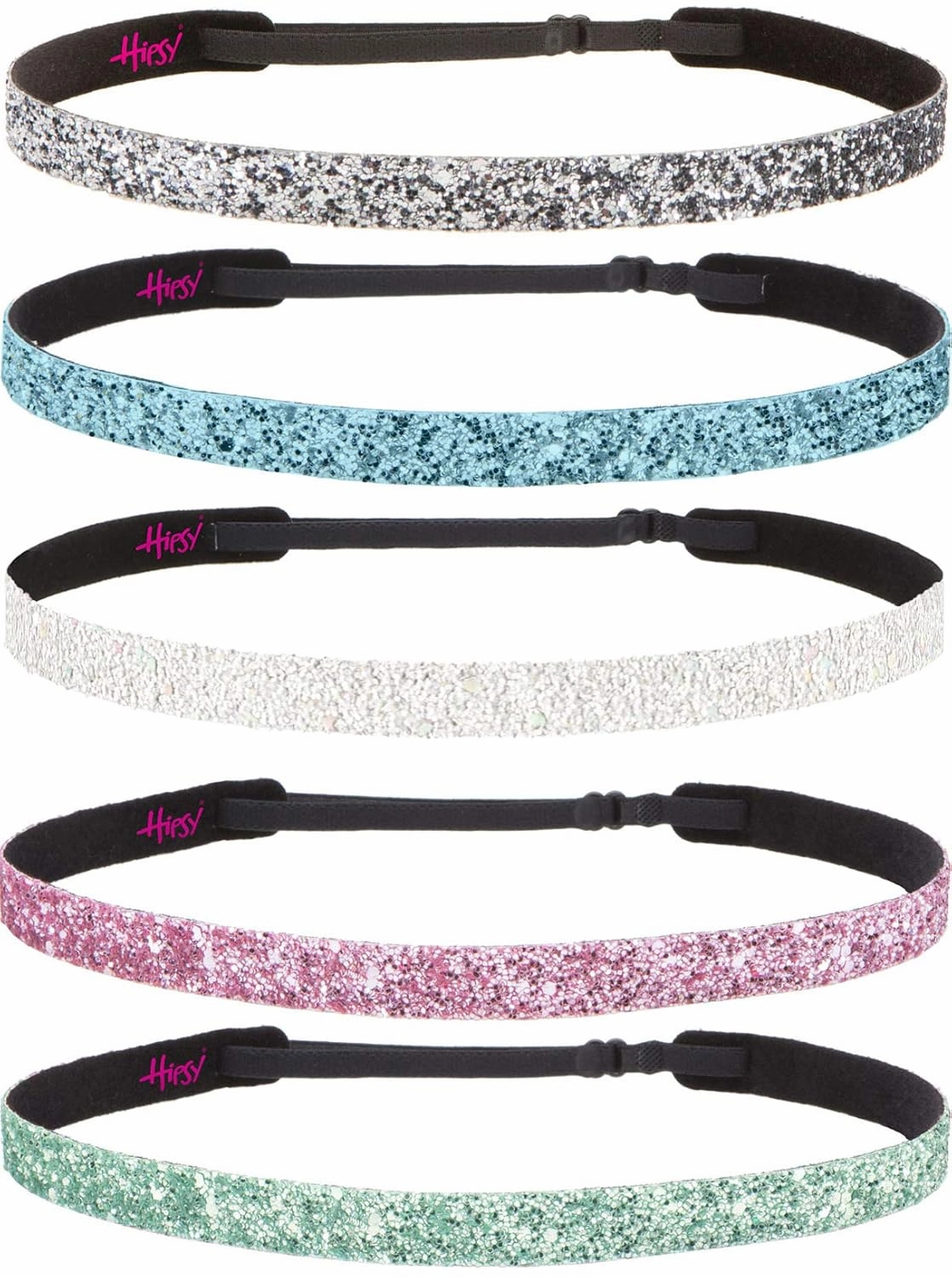 Hipsy Women's Adjustable NO SLIP Bling Glitter Headband Multi Gift Packs (Skinny Seafoam/Light Pink/Pearl/Light Blue/Gunmetal 5pk)