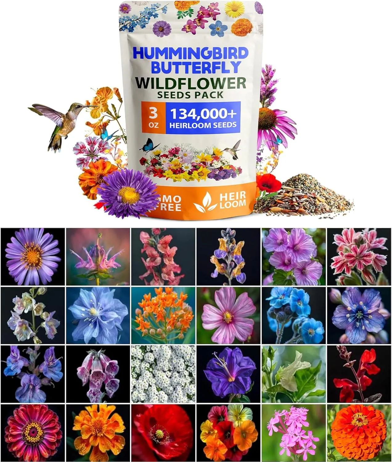 HOME GROWN Wildflower Seeds – 134,000  Pure 𝗡𝗢𝗡-𝗚𝗠𝗢 𝗨𝗦𝗔 Seeds, No Filler – 23 Varieties Bulk Mix (3oz) for Birds & Butterflies – Annual & Perennial Wild Flowers for Fall Garden Planting