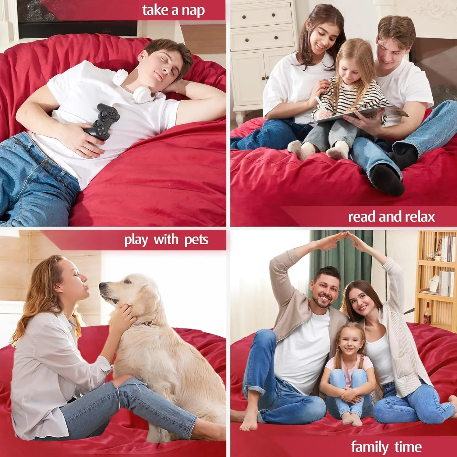 Homguava 6FT Bean Bag Chair Giant BeanBag with Memory Foam Filled, Large Bean Bag Chairs for Adults, Adult Bean Bag Chair with Dutch Velvet Cover for Living Room Bedroom-Red