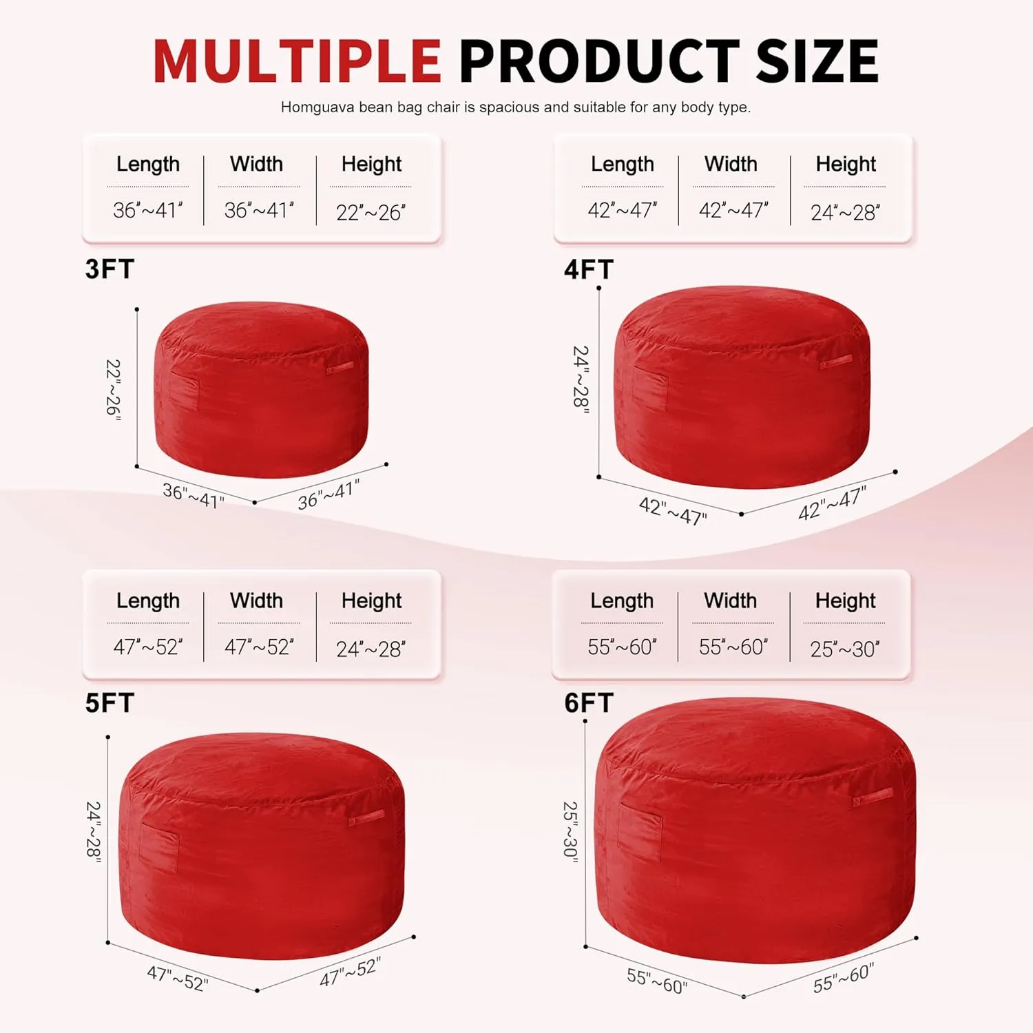Homguava 6FT Bean Bag Chair Giant BeanBag with Memory Foam Filled, Large Bean Bag Chairs for Adults, Adult Bean Bag Chair with Dutch Velvet Cover for Living Room Bedroom-Red