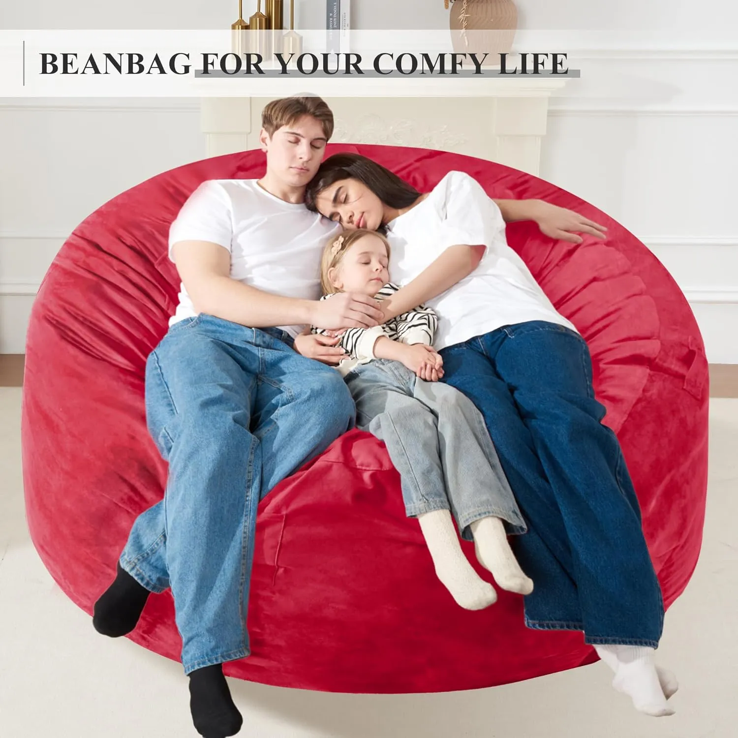 Homguava 6FT Bean Bag Chair Giant BeanBag with Memory Foam Filled, Large Bean Bag Chairs for Adults, Adult Bean Bag Chair with Dutch Velvet Cover for Living Room Bedroom-Red