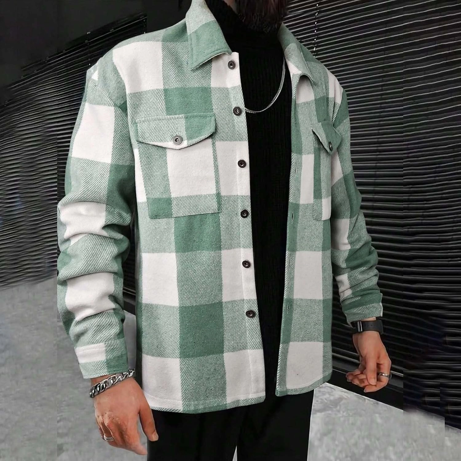 Hoodies for Men Winter Fashion Plaid Single Sided Velvet Pocket Hooded Buckle Composite Coat Jacket Thick Coat Men