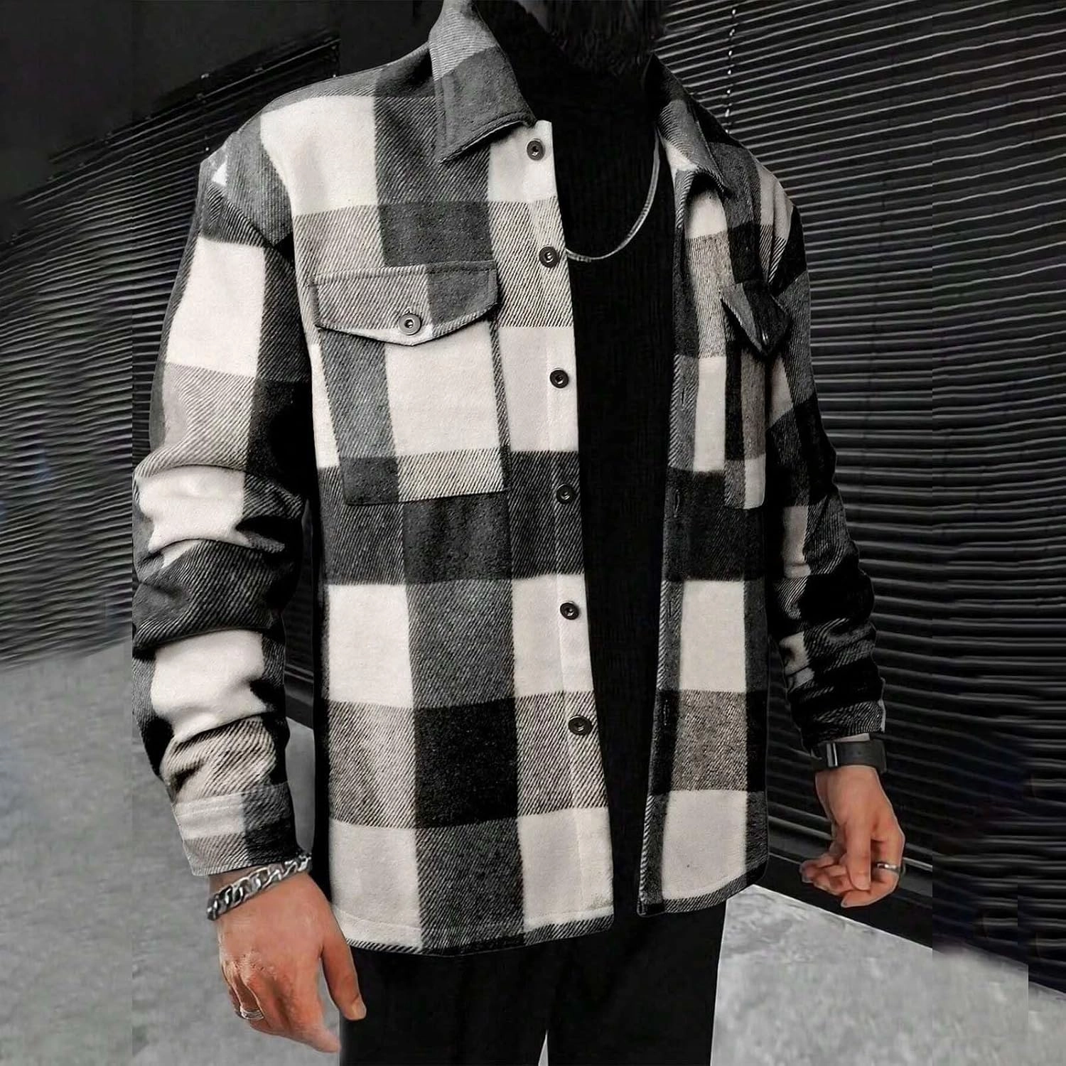 Hoodies for Men Winter Fashion Plaid Single Sided Velvet Pocket Hooded Buckle Composite Coat Jacket Thick Coat Men