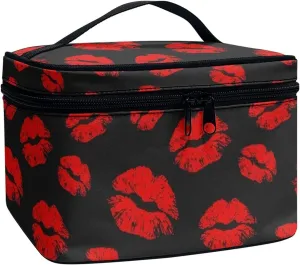 Horeset Red Lips Print Fashion Makeup Bag for Women Travel Toiletry Bag with 5 Brush Slot Cosmetic Bag for Business Outdoor
