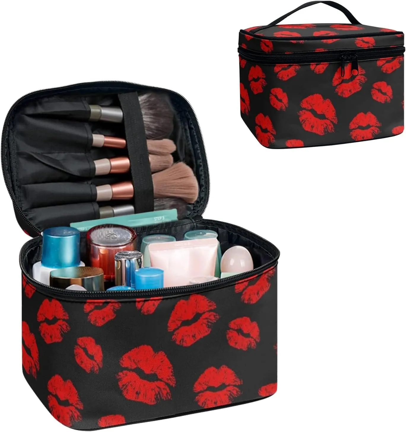 Horeset Red Lips Print Fashion Makeup Bag for Women Travel Toiletry Bag with 5 Brush Slot Cosmetic Bag for Business Outdoor