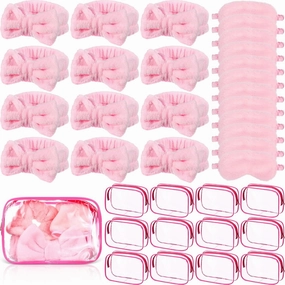 Hoteam 36 Pcs Sleepover Party Supplies for Girls 12 Spa Headband 12 Plush Sleep Eye Mask 12 Clear Cosmetic Bags Makeup Headband Washing Face Pink Eye Mask Bulk for Christmas Spa Party Favors