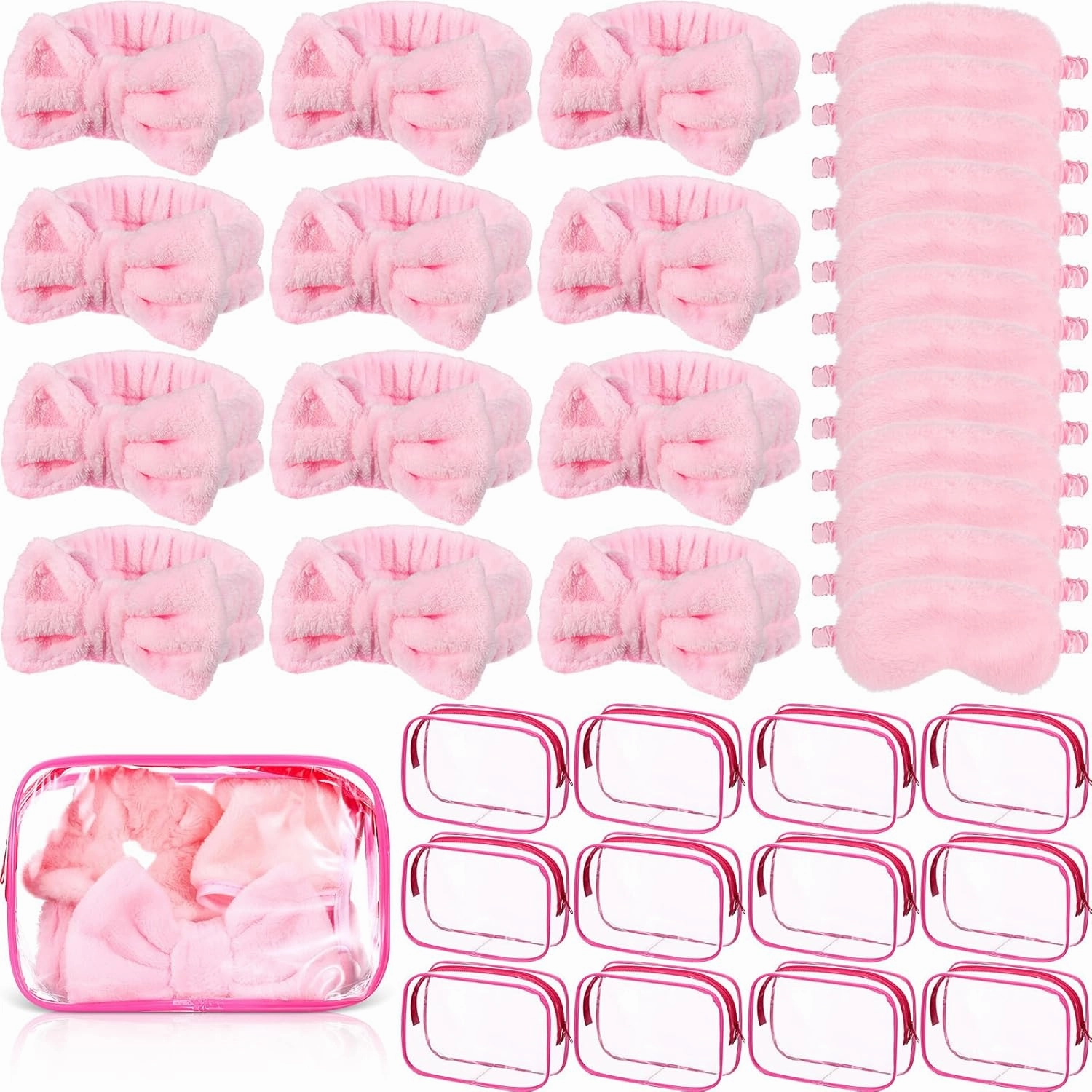 Hoteam 36 Pcs Sleepover Party Supplies for Girls 12 Spa Headband 12 Plush Sleep Eye Mask 12 Clear Cosmetic Bags Makeup Headband Washing Face Pink Eye Mask Bulk for Christmas Spa Party Favors