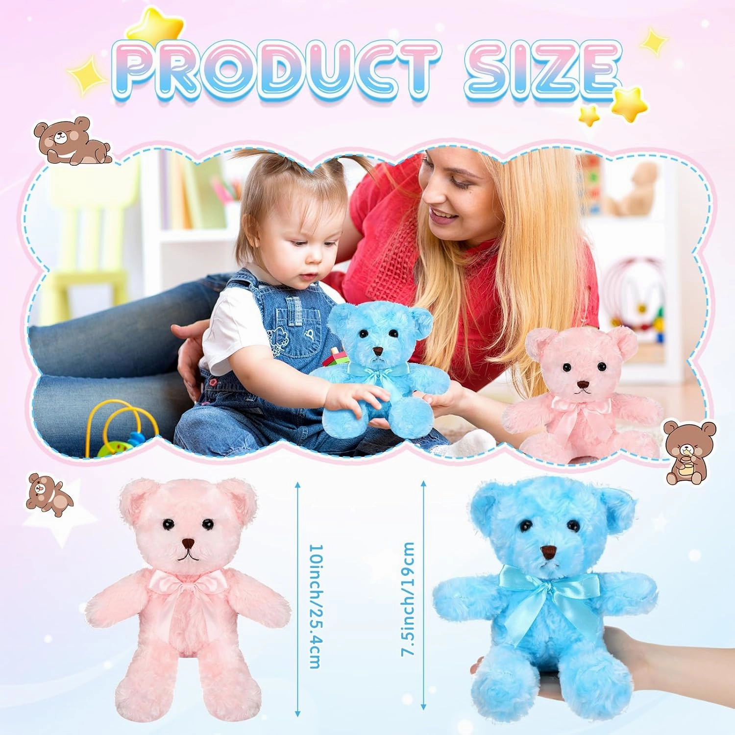HyDren 24 Pcs Bear Bulk Plush Stuffed Animals 10 Inch Cute Soft Stuffed Bear with Green Bow for Baby Shower Birthday Gift Party (Pink, Blue)