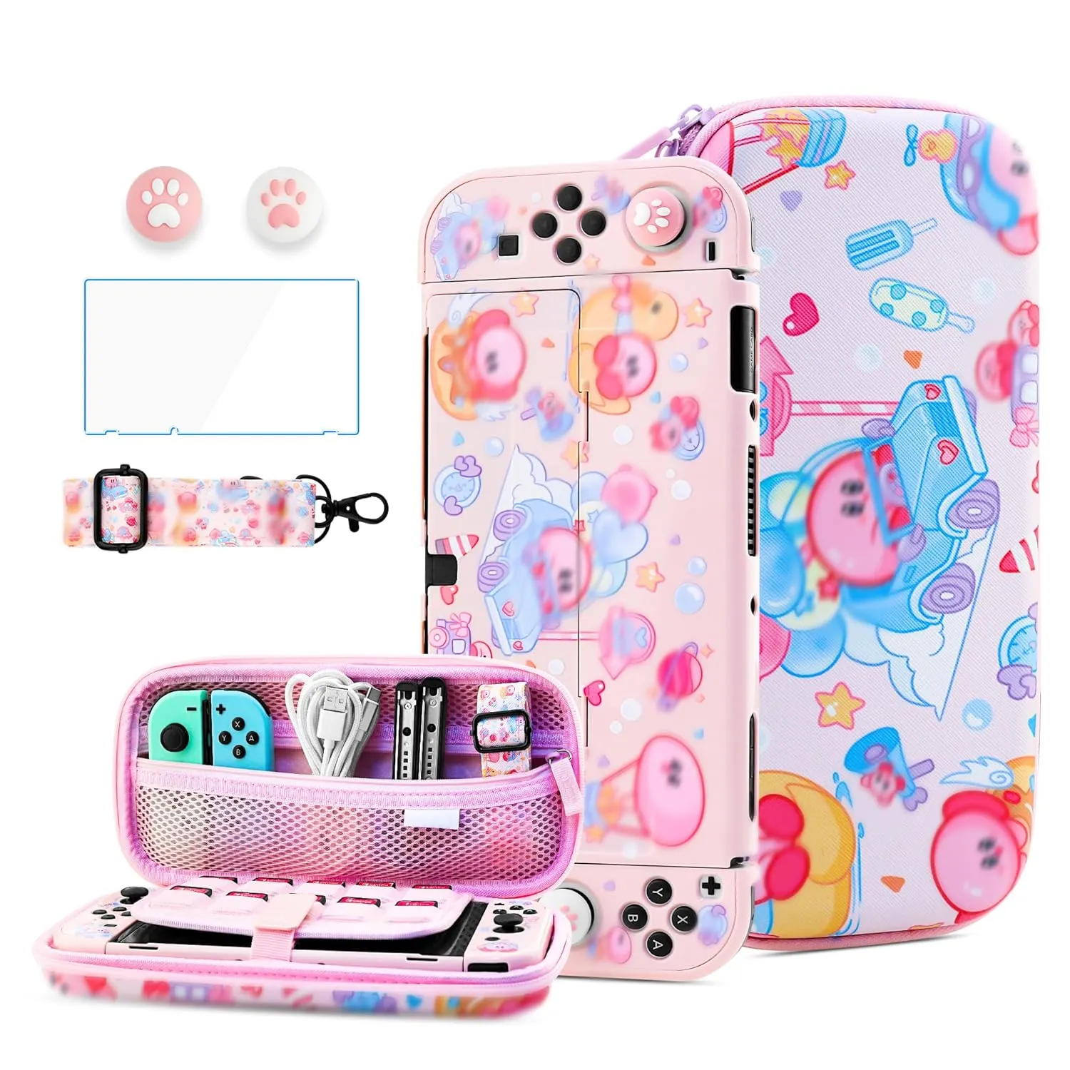 HYPERCASE 8 in 1 Cute Anime Switch OLED Accessories Bundle, with Pink Switch OLED Carrying Travel Case, Hard PC Protective Cover Skin, HD Screen Protector, Shoulder Strap & 2 Kawaii Thump Caps