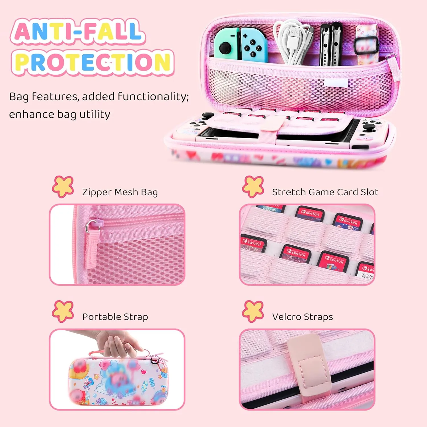 HYPERCASE 8 in 1 Cute Anime Switch OLED Accessories Bundle, with Pink Switch OLED Carrying Travel Case, Hard PC Protective Cover Skin, HD Screen Protector, Shoulder Strap & 2 Kawaii Thump Caps