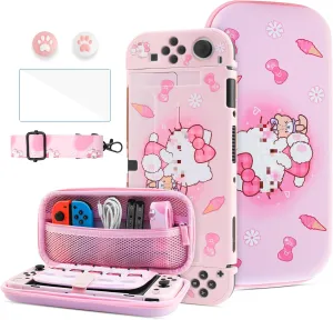 HYPERCASE Cute Carrying Case for Nintendo Switch OLED, with Pink Cartoon Cat Switch Travel Bag, Hard Protective Cover for OLED, Screen Protector, Shoulder Strap & 2 Kawaii Thumb Caps - for Girly