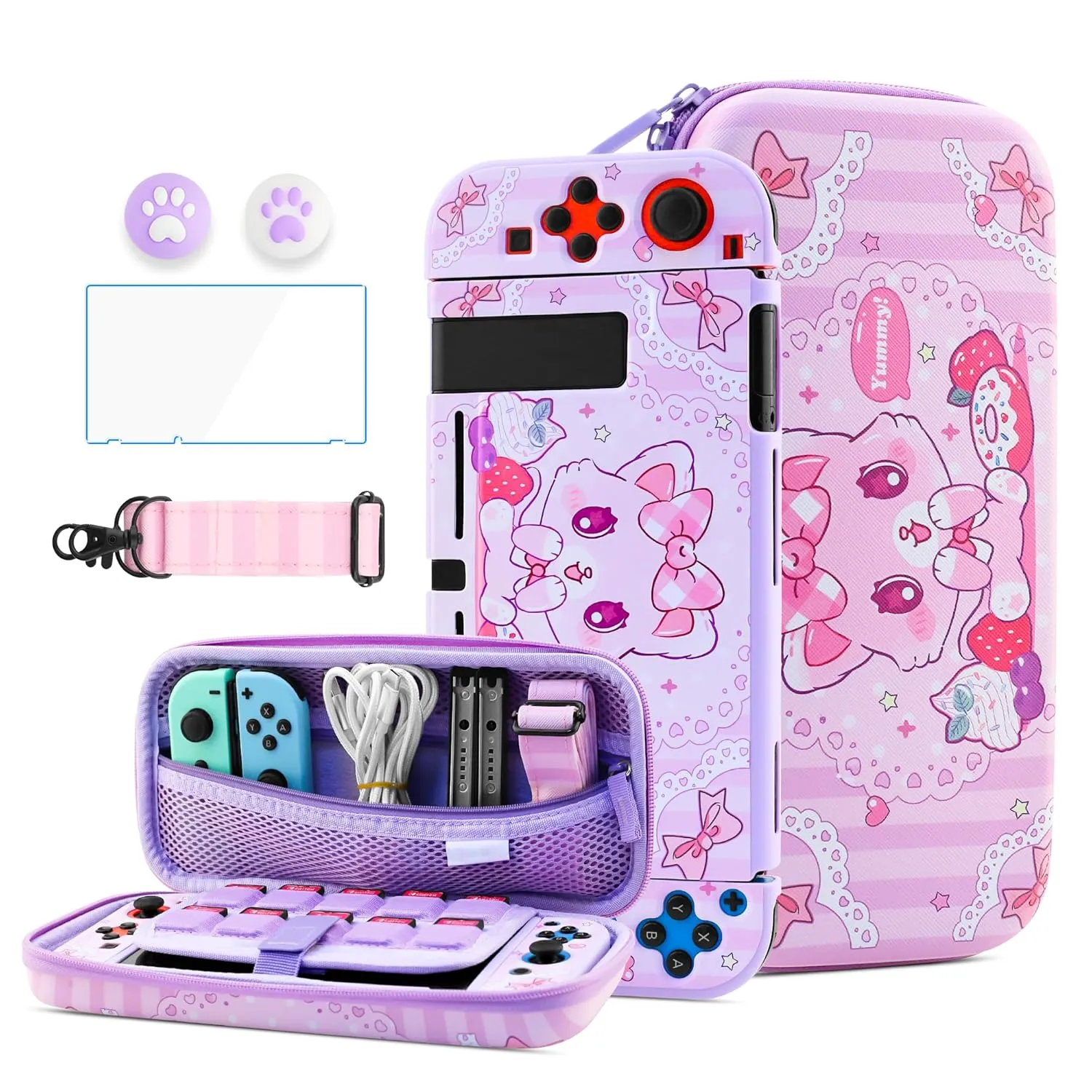 HYPERCASE Cute Cat Switch Case Kit for NS Accessories Storage, with Portable Travel Carrying Bag Pouch, Soft Switch Protective Skin Cover, HD Screen Protector, Shoulder Strap & 2 Kawaii Thumb Caps