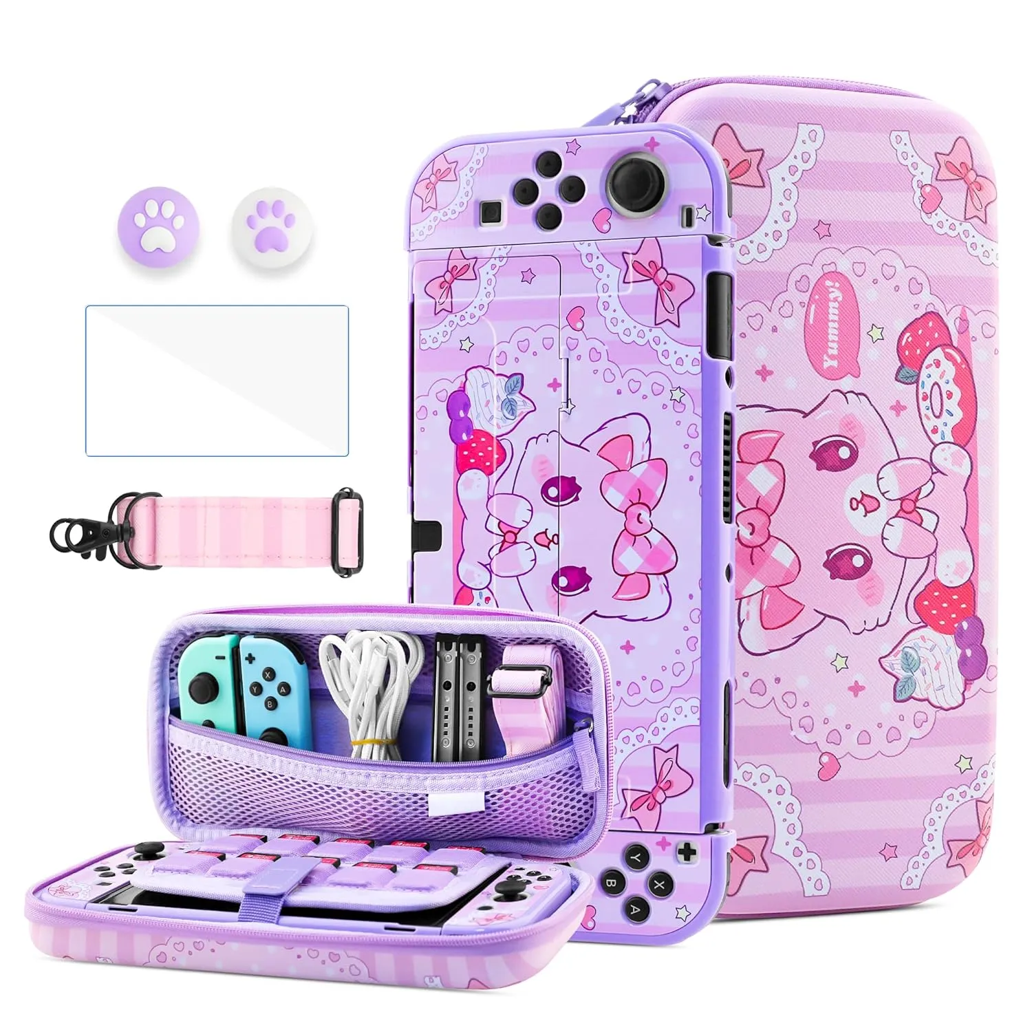 HYPERCASE Cute Cat Switch OLED Case Kit, with Portable Travel Carrying Bag Pouch for OLED Accessories Storage, Hard Slim Switch OLED Skin Cover, Screen Protector, Shoulder Strap & 2 Kawaii Thumb Caps
