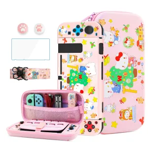 HYPERCASE Cute NS Switch Case of Cartoon Cat, Pink 8 in 1 Accessories Kit Include Switch Travel Carrying Bag, Soft Protective Case Cover, Screen Protector, Shoulder Strap, 2 Thump Caps