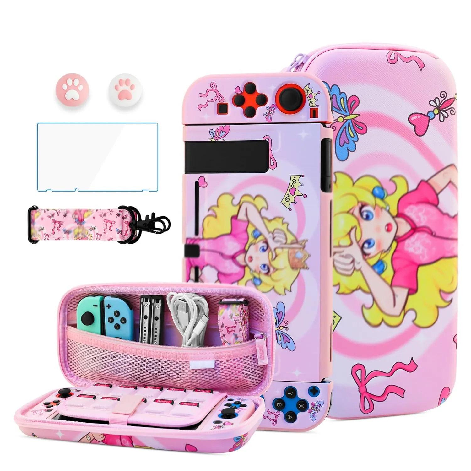 HYPERCASE Cute Pink NS (Not OLED/Lite) Switch Case Kit of Princess, with Portable Switch Carrying Travel Bag, TPU Softshell Switch Cover Skin, Screen Protector, Shoulder Straps & 2 Kawaii Thump Caps