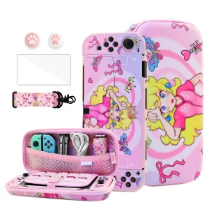 HYPERCASE Cute Switch OLED Carrying Case Kit for Princess, with Pink Girly Switch OLED Travel Bag Pouch, PC Hardshell Switch OLED Cover Skin, Screen Protector, Shoulder Straps & 2 Kawaii Thump Caps