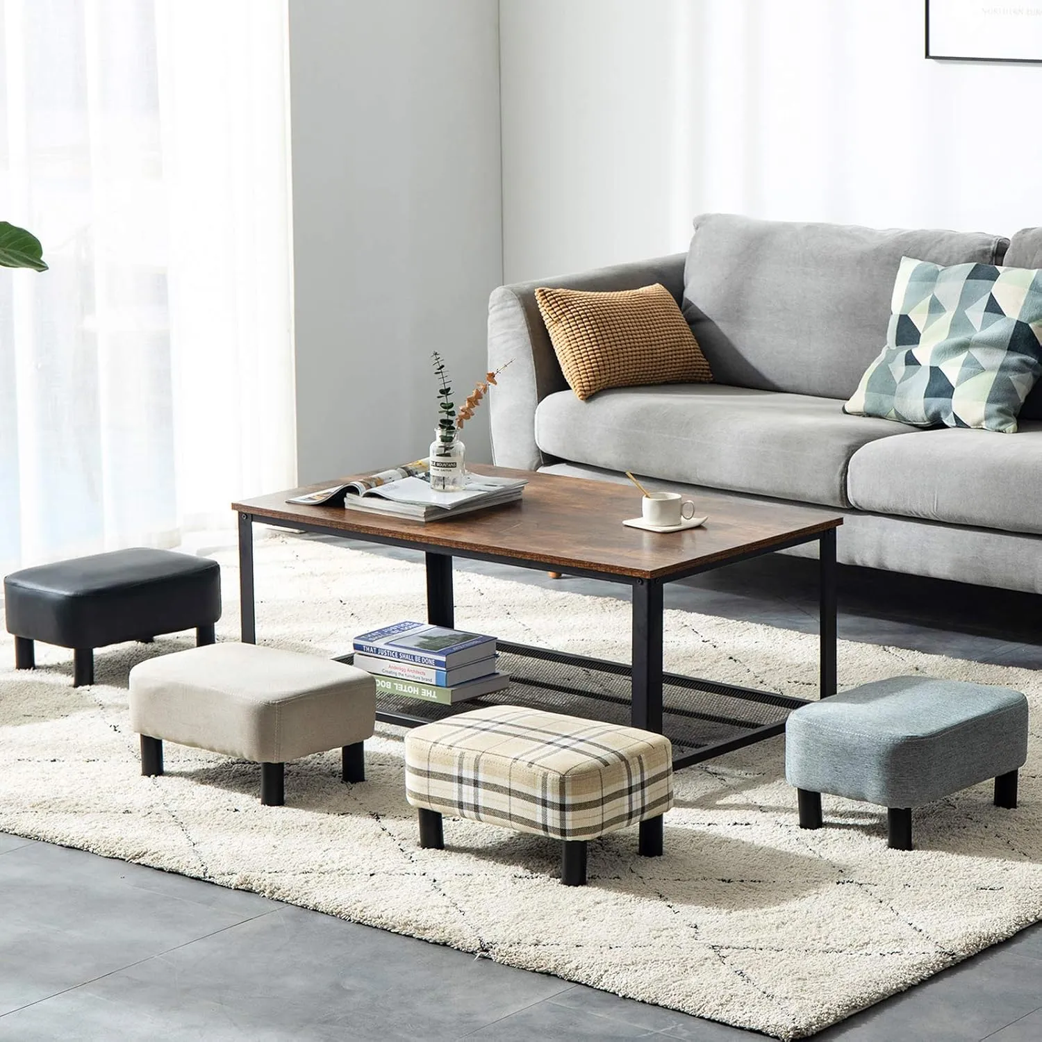 IBUYKE 16.54" Small Footstool, Linen Fabric Pouf, with Padded Seat Pine Wood Legs and Padded Rectangular Stool, for Bedroom, Linen RF-BD213