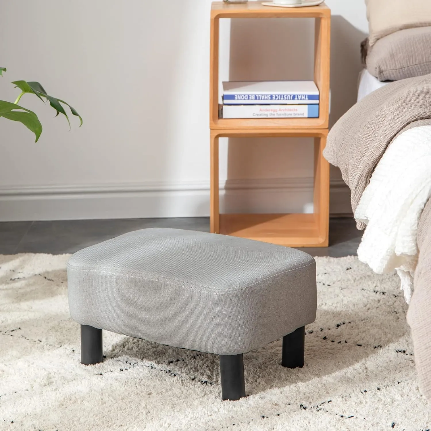 IBUYKE 16.54" Small Footstool, Linen Fabric Pouf, with Padded Seat Pine Wood Legs and Padded Rectangular Stool, for Bedroom, Linen RF-BD213