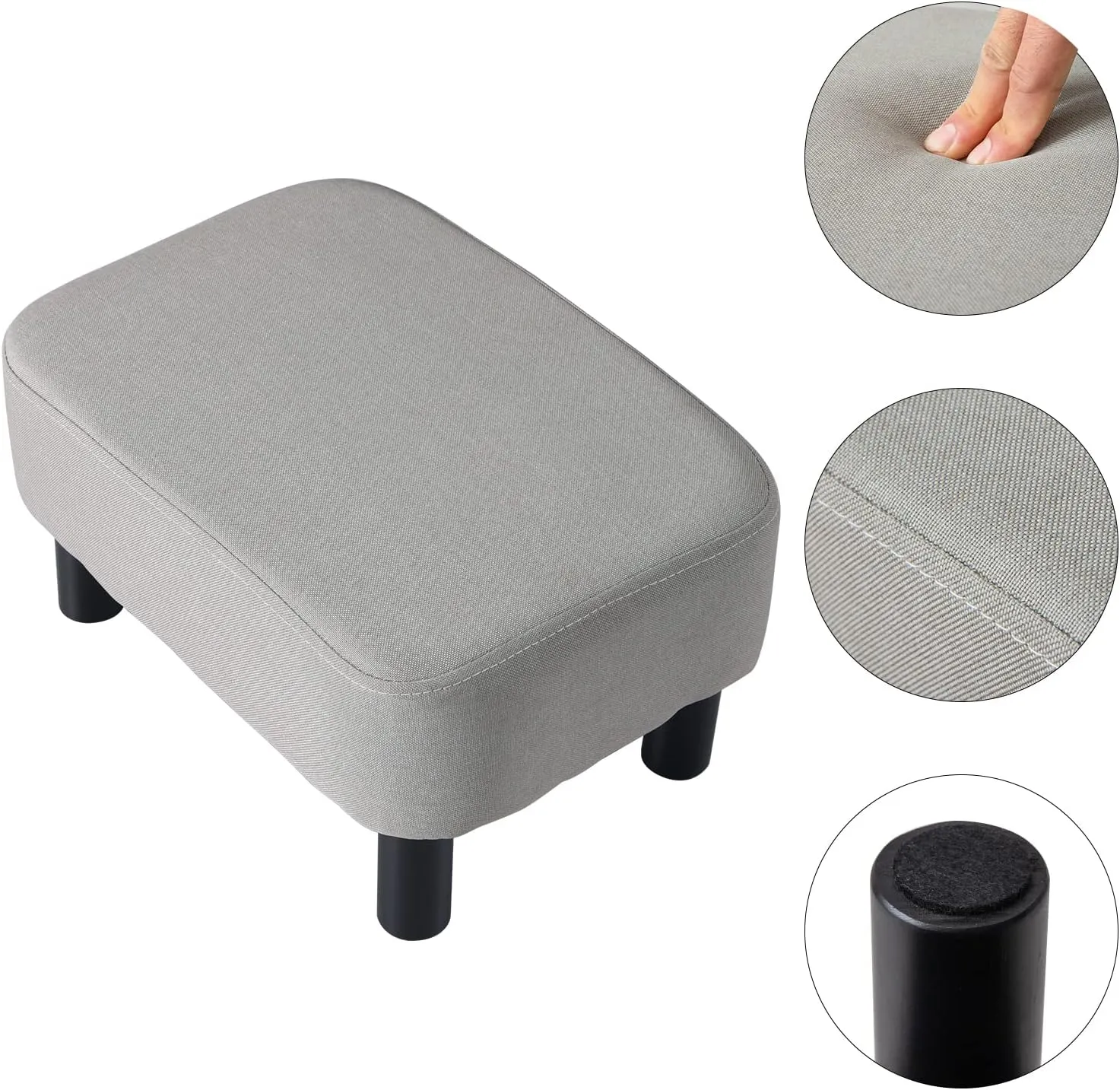 IBUYKE 16.54" Small Footstool, Linen Fabric Pouf, with Padded Seat Pine Wood Legs and Padded Rectangular Stool, for Bedroom, Linen RF-BD213