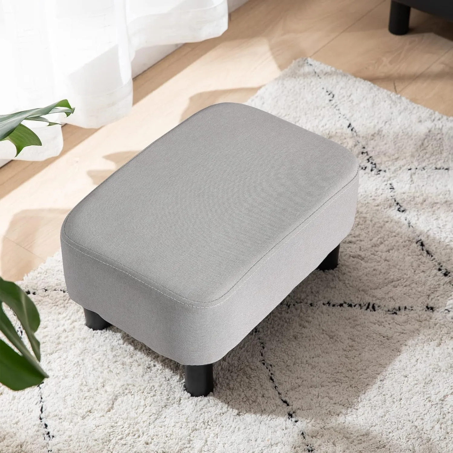IBUYKE 16.54" Small Footstool, Linen Fabric Pouf, with Padded Seat Pine Wood Legs and Padded Rectangular Stool, for Bedroom, Linen RF-BD213