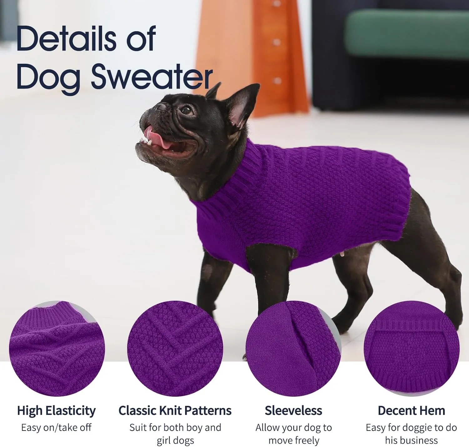 IECOii Purple Extra Large Dog Sweater, Warm Winter Coat for Large Dogs, Knitwear, Doberman, Great Dane, 4XL